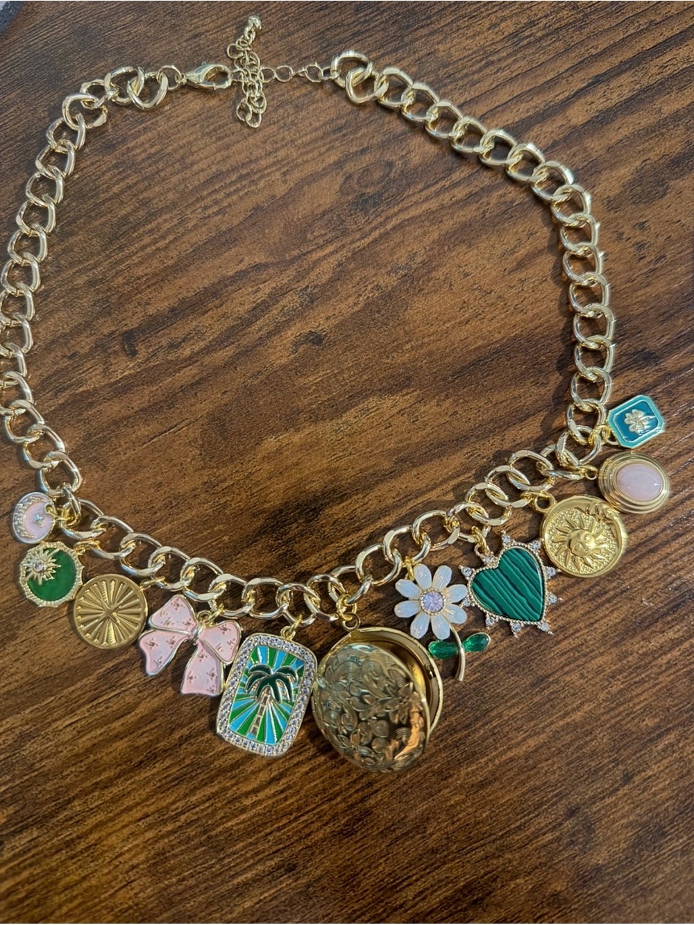 Gold Charm Necklace with Green & Pink Enamel Accents